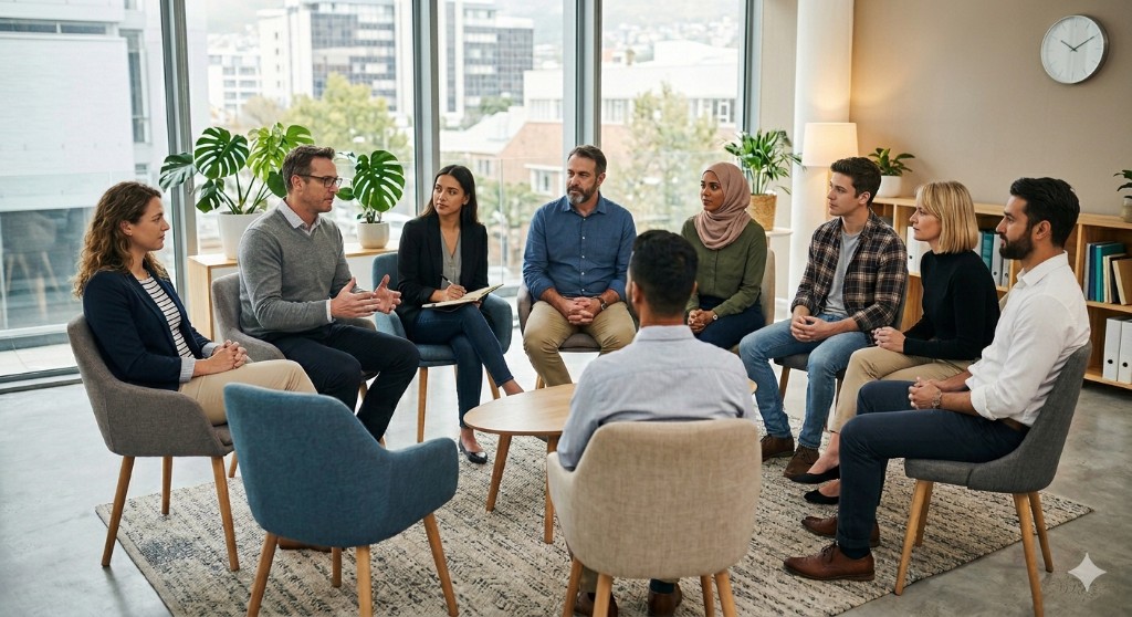 Diverse team in a circle during a facilitated debriefing session in a bright modern workplace